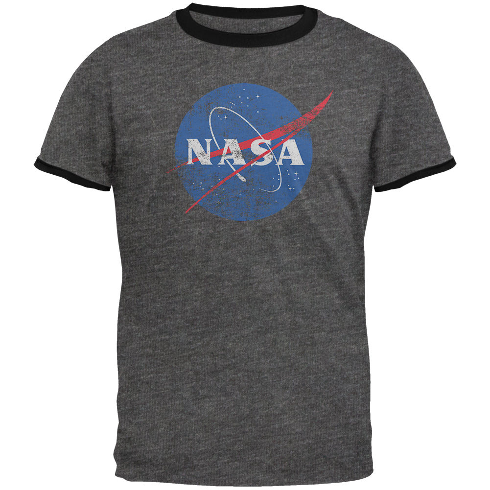 NASA Distressed Logo Mens Ringer T Shirt Men's T-Shirts Old Glory 2XL Dark Heather-Black 