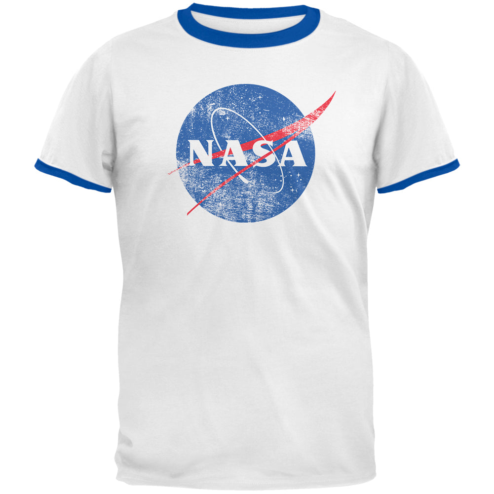 NASA Distressed Logo Mens Ringer T Shirt Men's T-Shirts Old Glory 2XL White-Royal 