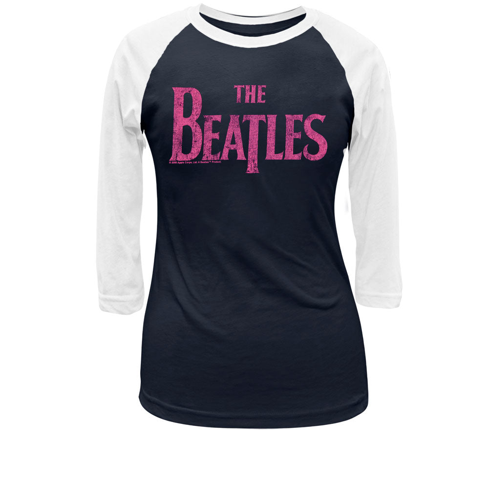 The Beatles - Distressed Pink Band Ladies Raglan T Shirt Women's Raglan The Beatles LG White-Navy 