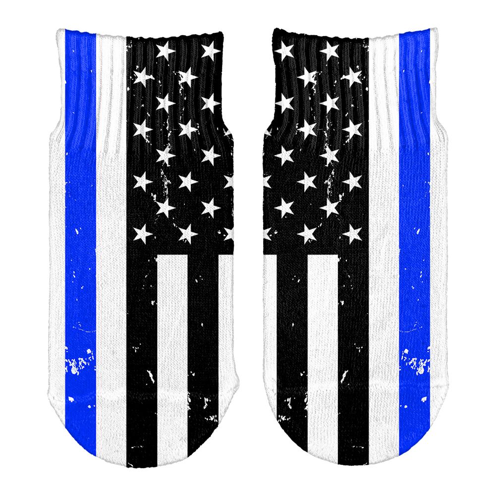 Distressed Thin Blue Line American Flag All Over Toddler Ankle Socks Toddler Socks Old Glory OS White 