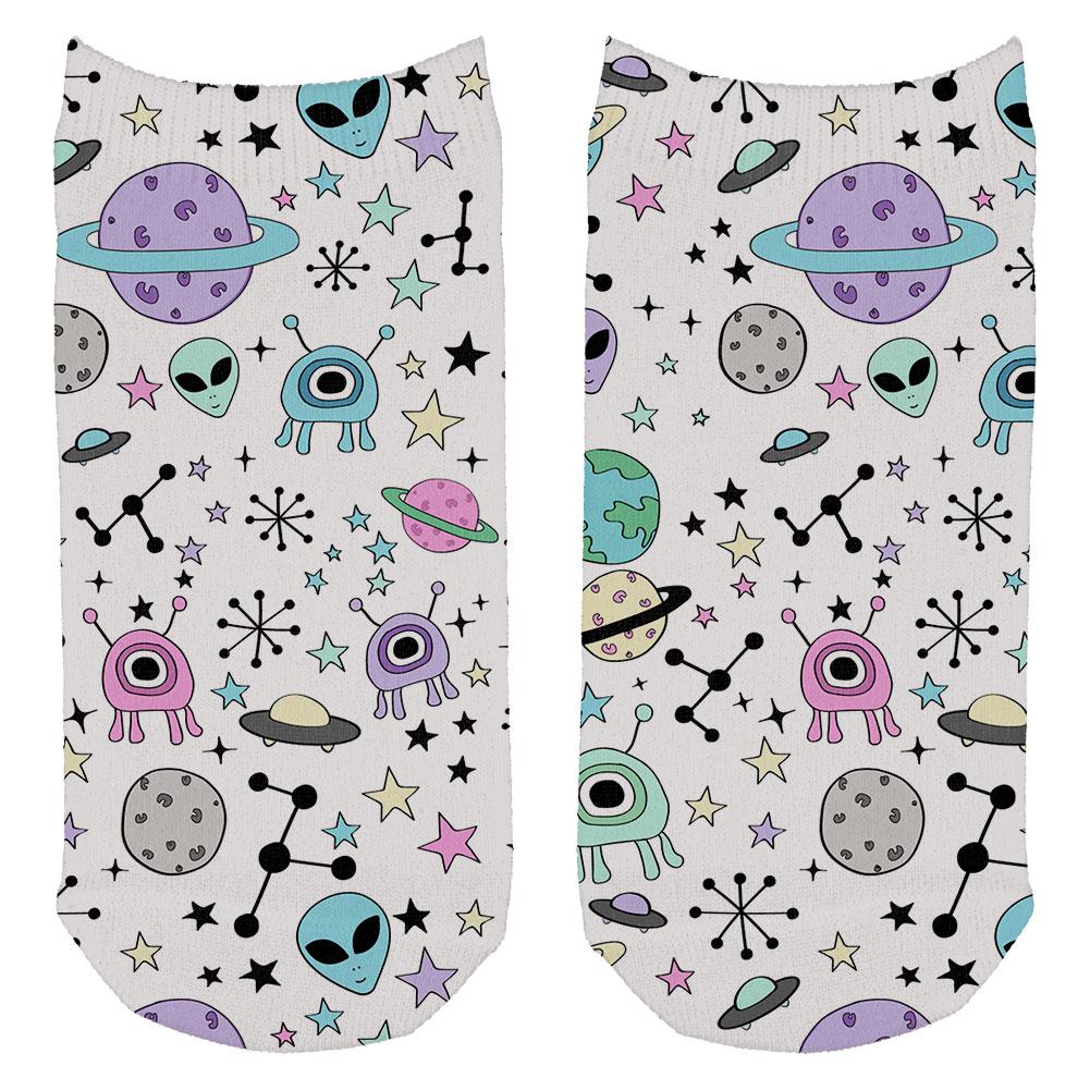 Outer Space Aliens Pattern All Over Adult Ankle Socks Socks Old Glory OS White 