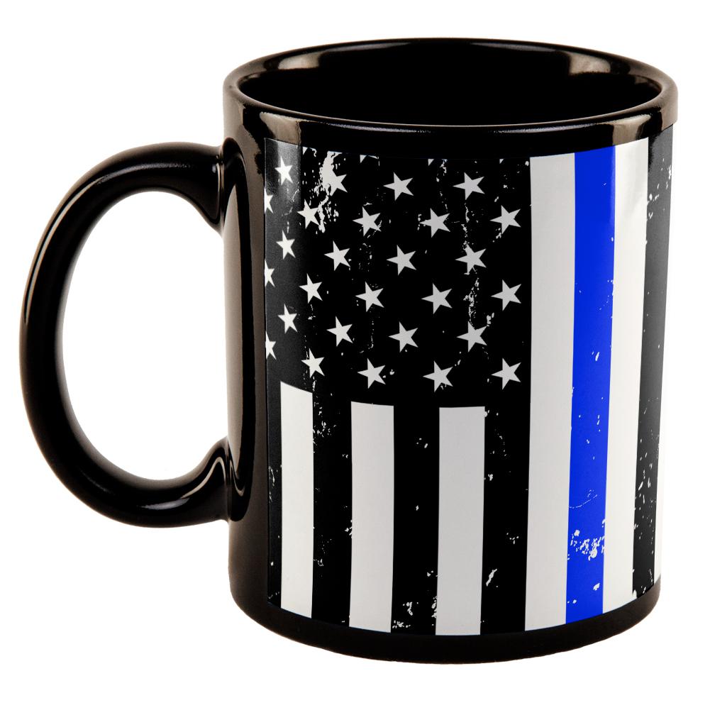 Distressed Thin Blue Line American Flag All Over Black Out Coffee Mug Coffee Mugs Old Glory   