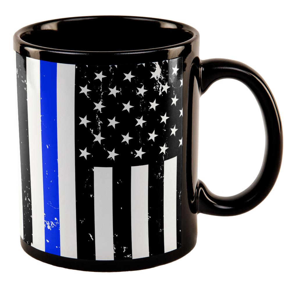 Distressed Thin Blue Line American Flag All Over Black Out Coffee Mug Coffee Mugs Old Glory OS Black 