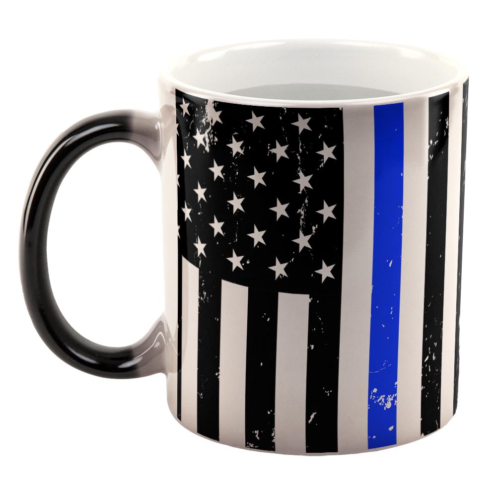 Distressed Thin Blue Line American Flag All Over Heat Changing Coffee Mug Coffee Mugs Old Glory   