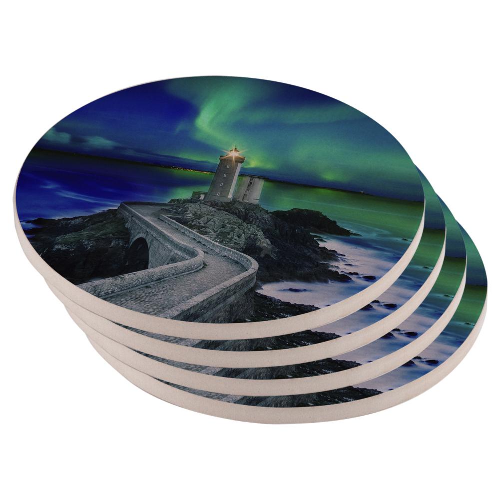 Northern Lights Aurora Lighthouse Set of 4 Round Sandstone Coasters Coasters Old Glory OS Multi 