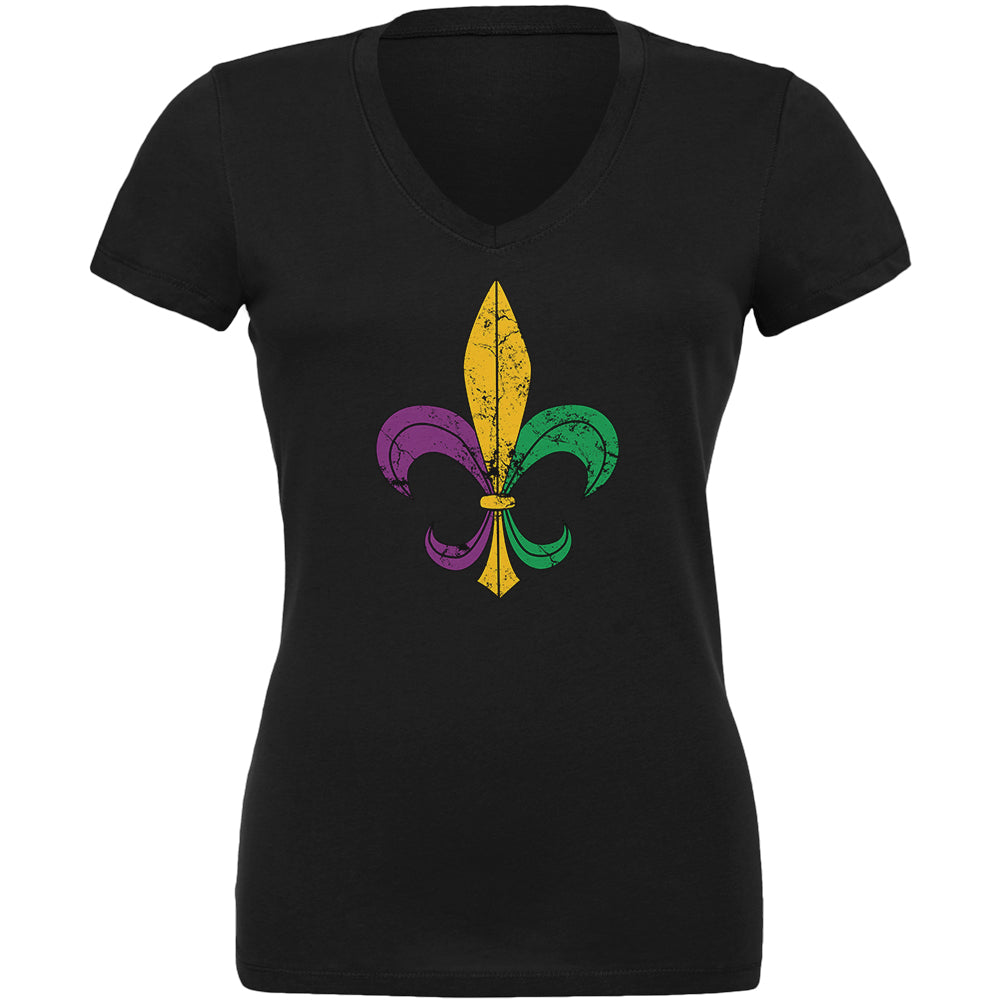 Mardi Gras Fleur De Lis Distressed Juniors V-Neck T Shirt Juniors T-Shirts Old Glory 2XL Black 