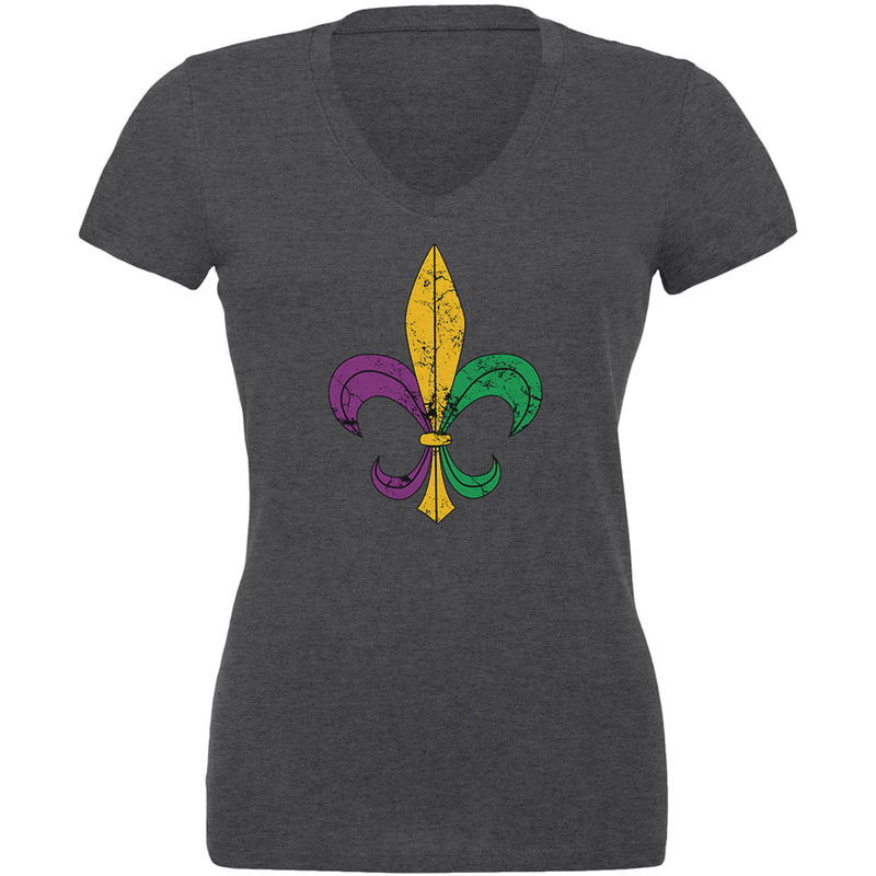 Mardi Gras Fleur De Lis Distressed Juniors V-Neck T Shirt Juniors T-Shirts Old Glory 2XL Dark Heather 