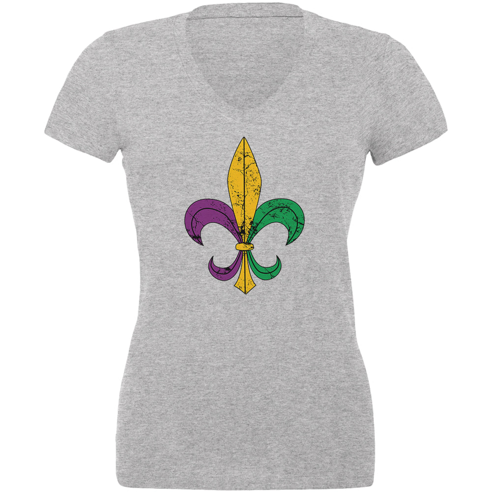 Mardi Gras Fleur De Lis Distressed Juniors V-Neck T Shirt Juniors T-Shirts Old Glory 2XL Heather 