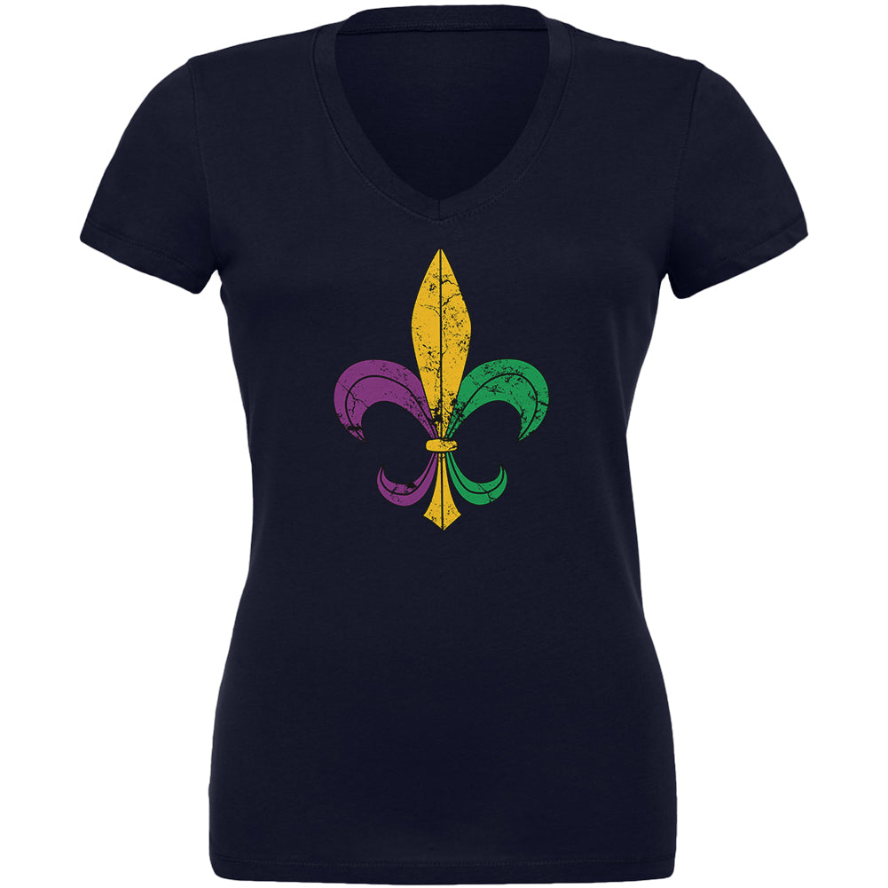 Mardi Gras Fleur De Lis Distressed Juniors V-Neck T Shirt Juniors T-Shirts Old Glory 2XL Navy 