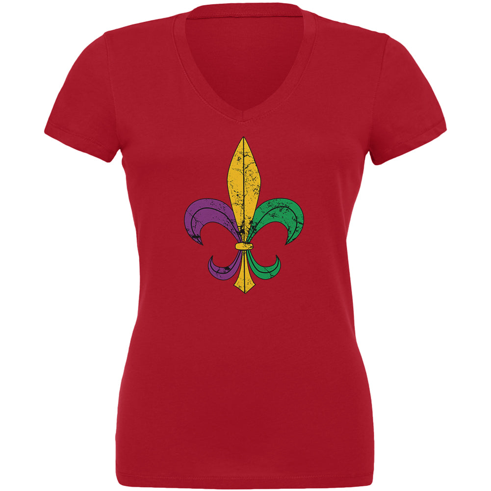 Mardi Gras Fleur De Lis Distressed Juniors V-Neck T Shirt Juniors T-Shirts Old Glory 2XL Red 