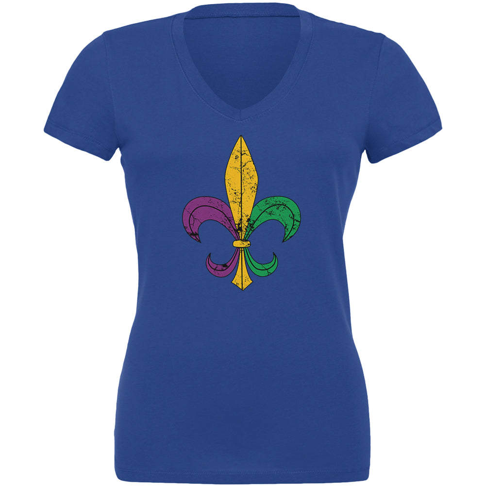 Mardi Gras Fleur De Lis Distressed Juniors V-Neck T Shirt Juniors T-Shirts Old Glory 2XL Royal 