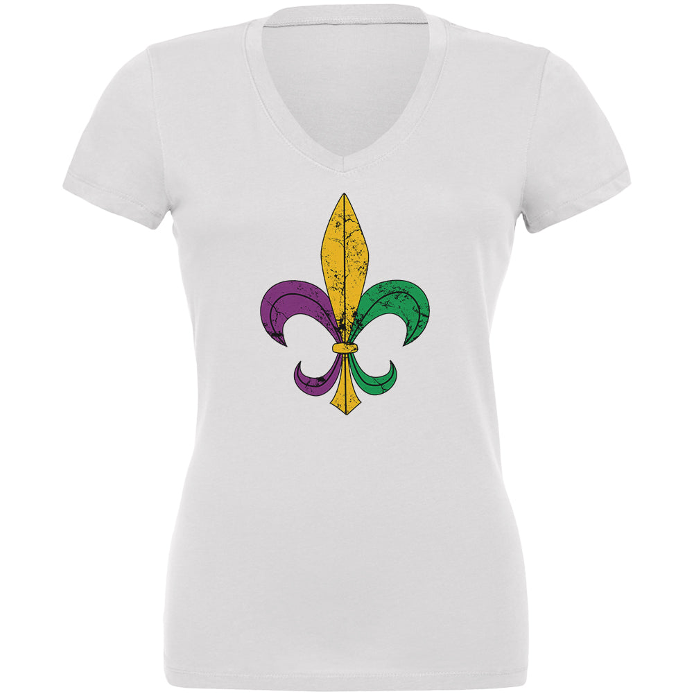 Mardi Gras Fleur De Lis Distressed Juniors V-Neck T Shirt Juniors T-Shirts Old Glory 2XL White 