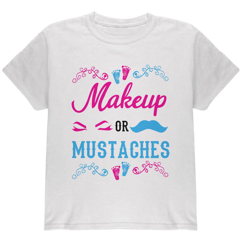 Gender Reveal Makeup Or Mustaches Youth T Shirt Youth T-Shirts Old Glory LG White 