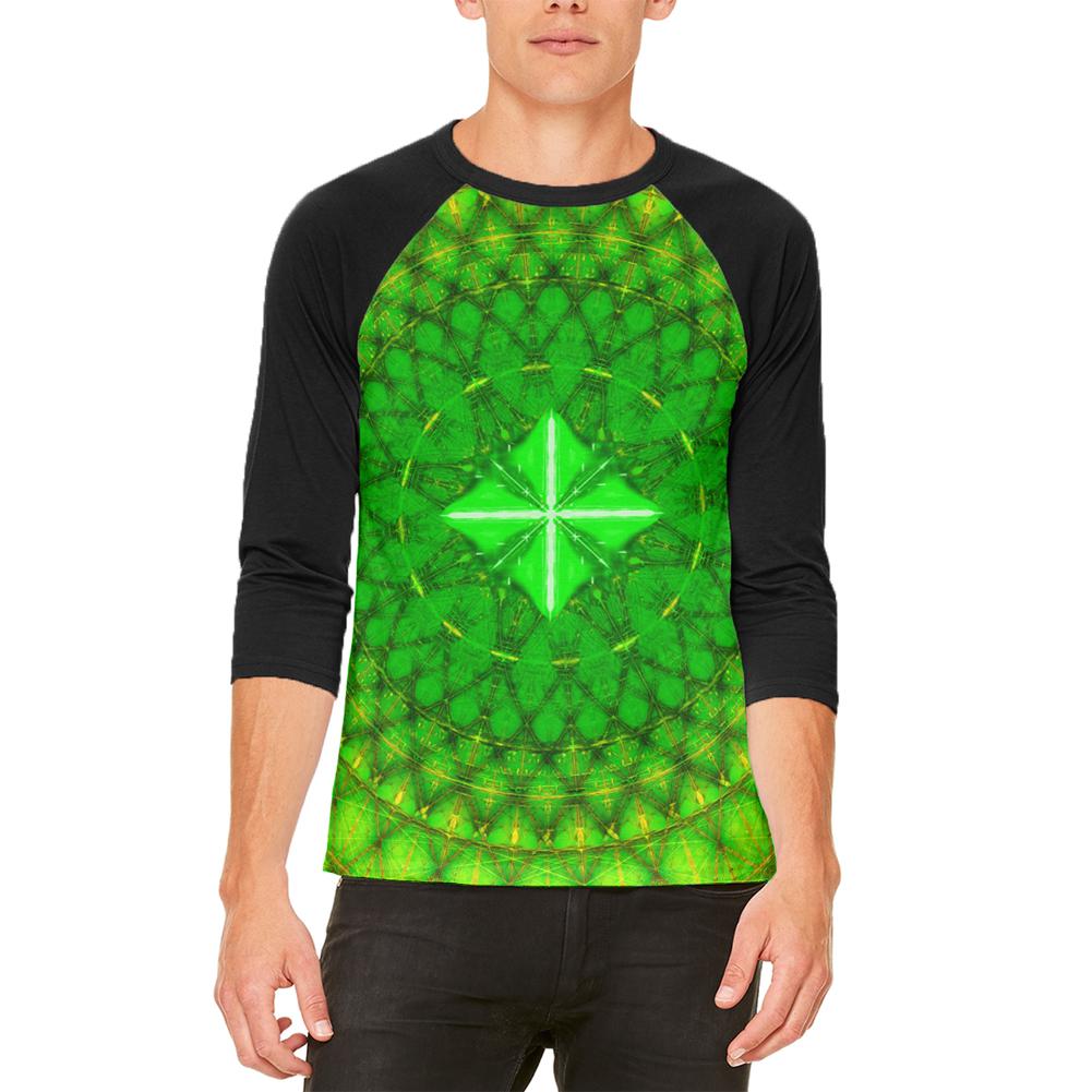 St Patrick's Day Shamrock Fractal Mandala Mens Raglan T Shirt Men's T-Shirts Old Glory 2XL White 