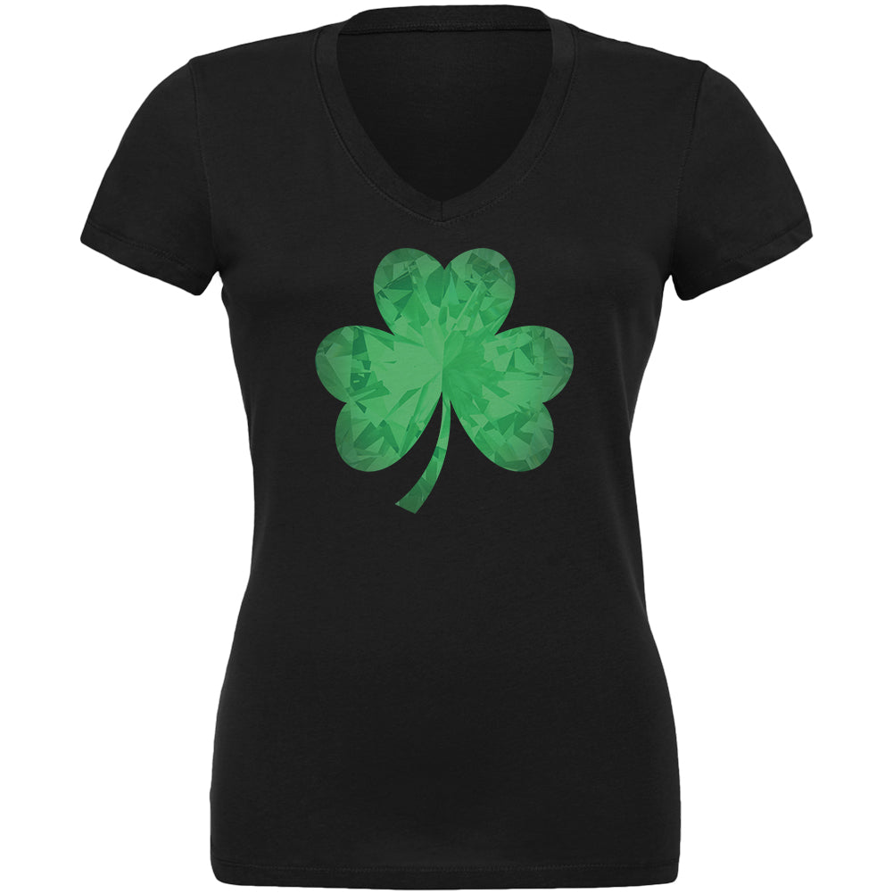 St. Patricks Day Jeweled Shamrock Juniors V-Neck T Shirt Juniors T-Shirts Old Glory 2XL Black 