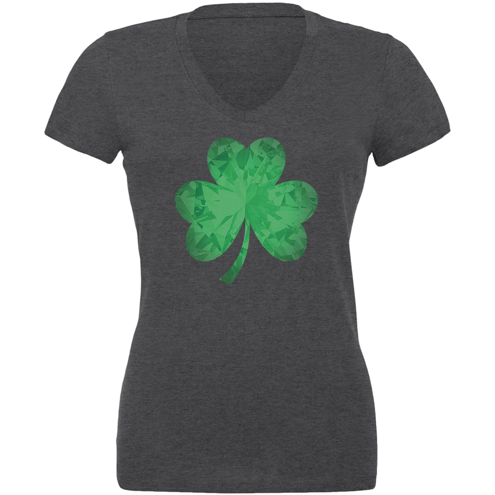 St. Patricks Day Jeweled Shamrock Juniors V-Neck T Shirt Juniors T-Shirts Old Glory 2XL Dark Heather 