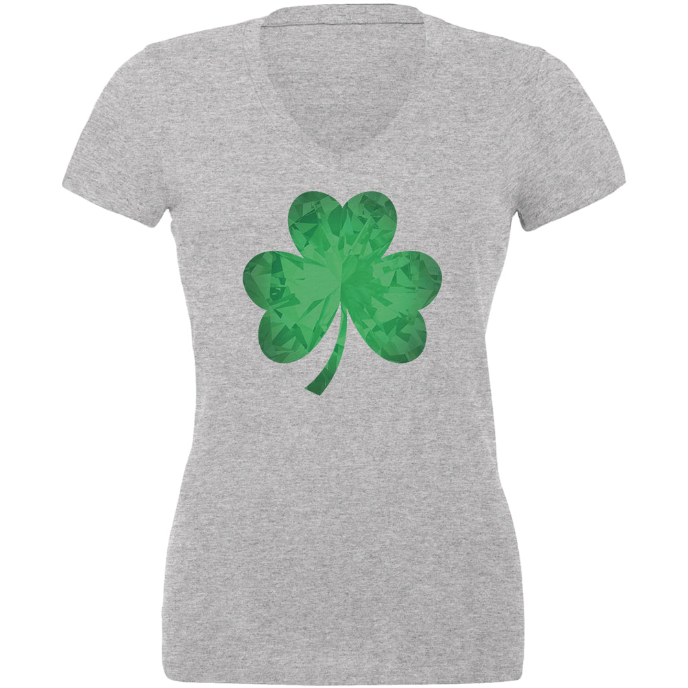 St. Patricks Day Jeweled Shamrock Juniors V-Neck T Shirt Juniors T-Shirts Old Glory 2XL Heather 