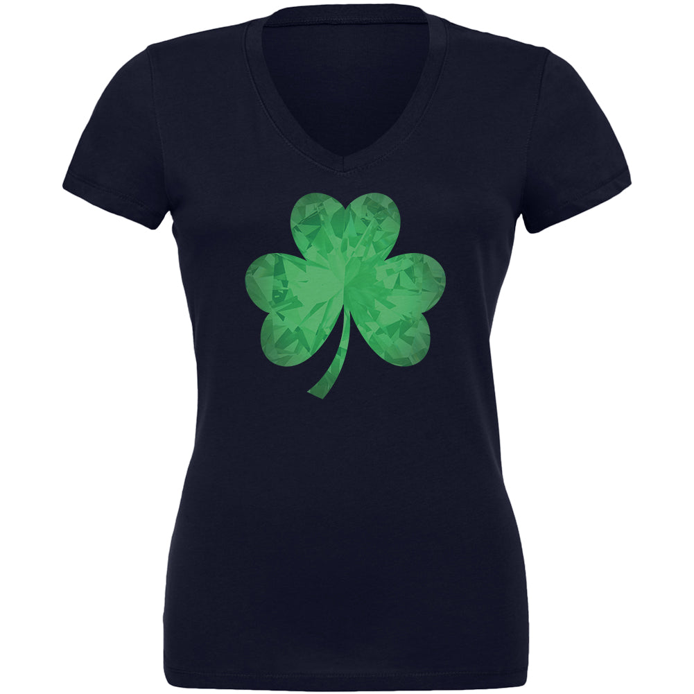 St. Patricks Day Jeweled Shamrock Juniors V-Neck T Shirt Juniors T-Shirts Old Glory 2XL Navy 