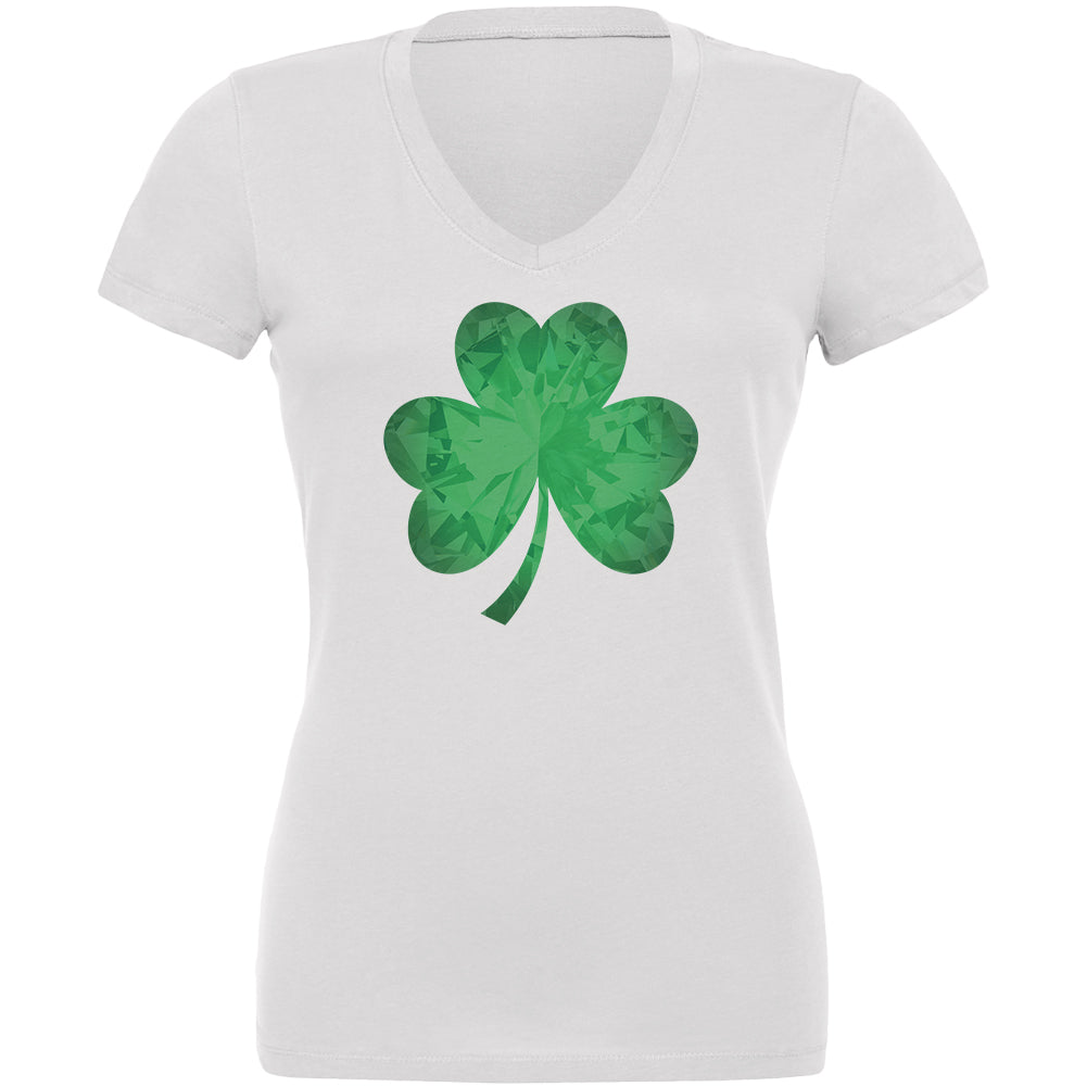 St. Patricks Day Jeweled Shamrock Juniors V-Neck T Shirt Juniors T-Shirts Old Glory 2XL White 