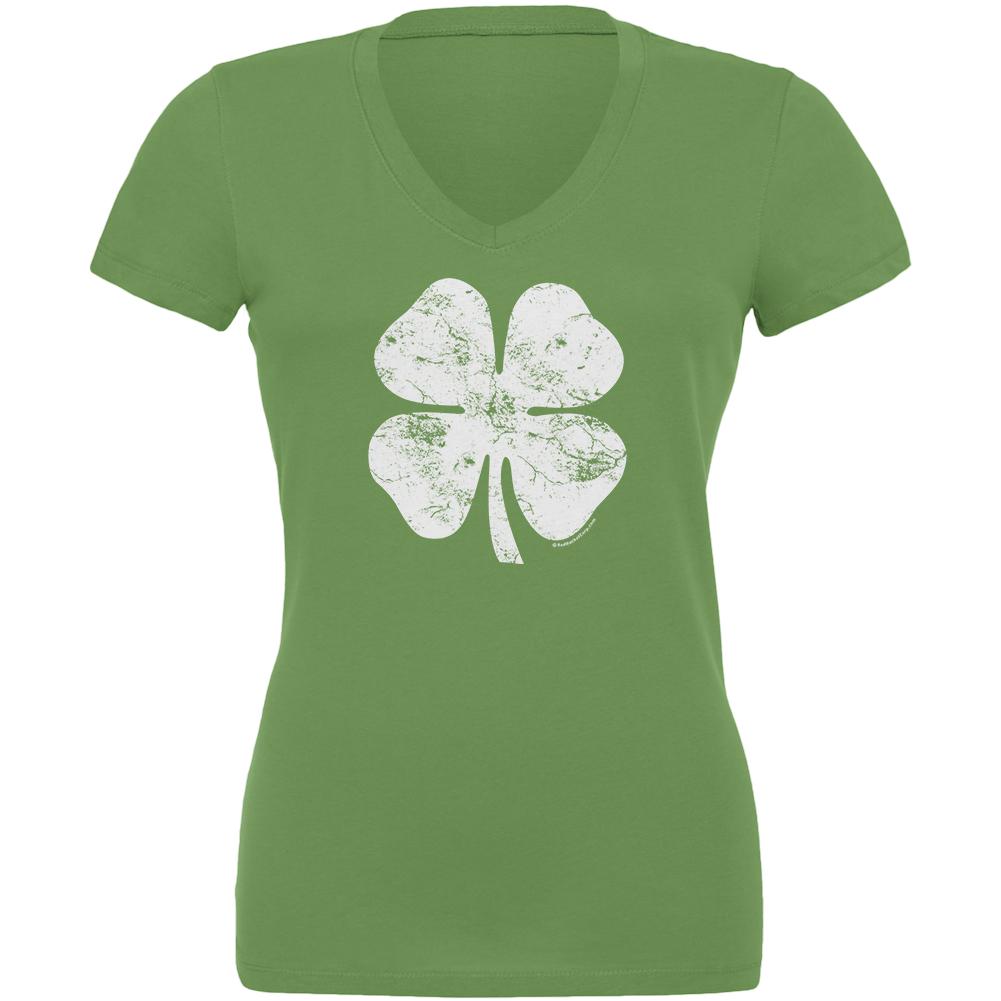 St. Patricks Day Distressed Shamrock Juniors V-Neck T Shirt Juniors V-Neck T-Shirts Old Glory 2XL Green 