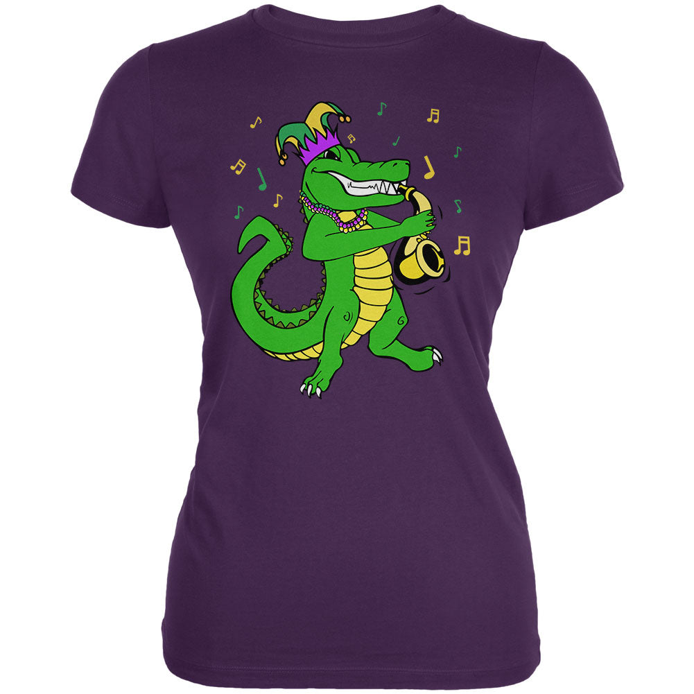 Mardi Gras Alligator Playing Saxaphone Jester Jazz Juniors Soft T Shirt Junior's T-Shirts global 2XL Purple 