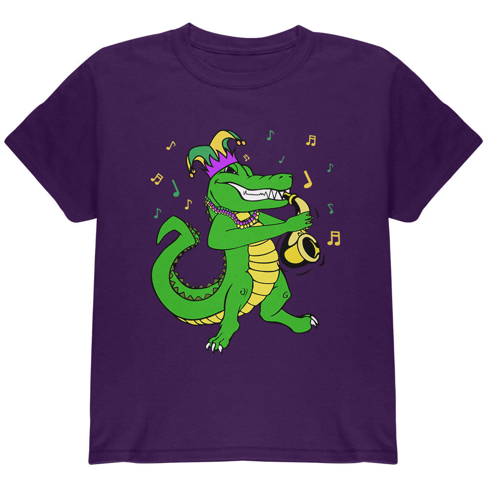 Mardi Gras Alligator Playing Saxaphone Jester Jazz Youth T Shirt Youth T-Shirts global YLG Purple 