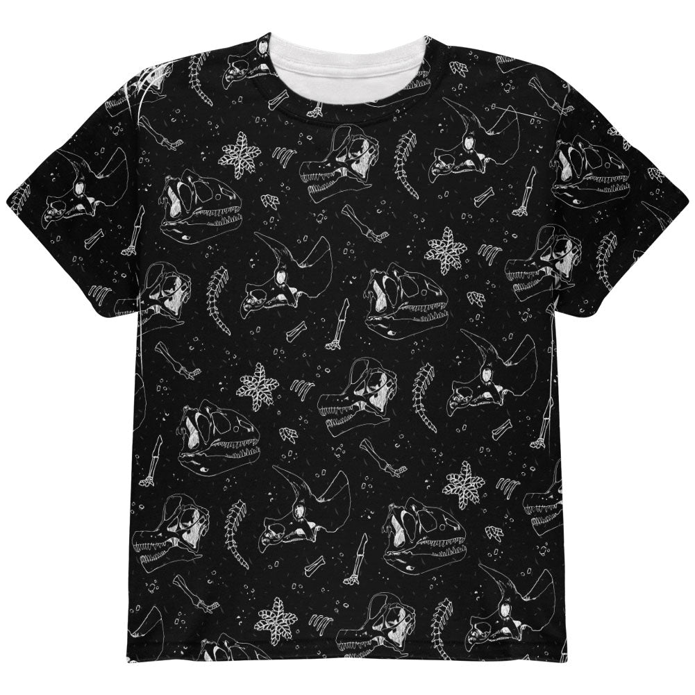 Dinosaur Dino Bones Fossil Pattern All Over Youth T Shirt Youth T-Shirts Old Glory YLG Black 