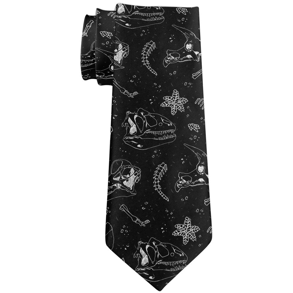 Dinosaur Dino Bones Fossil Pattern All Over Neck Tie Men's Neck Ties Old Glory OS Black 