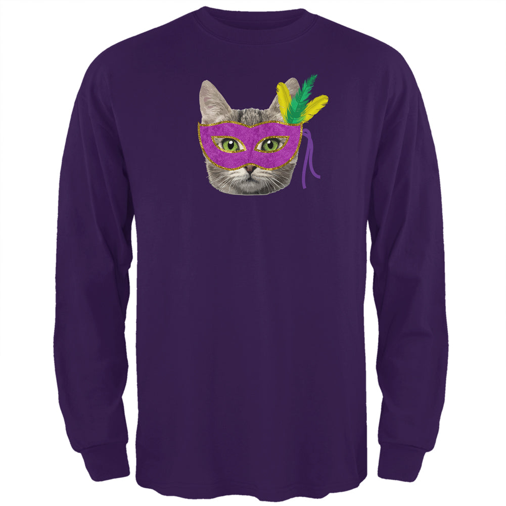 Mardi Gras Mask Funny Cat Mens Long Sleeve T Shirt Men's Long Sleeves Old Glory 2XL Purple 