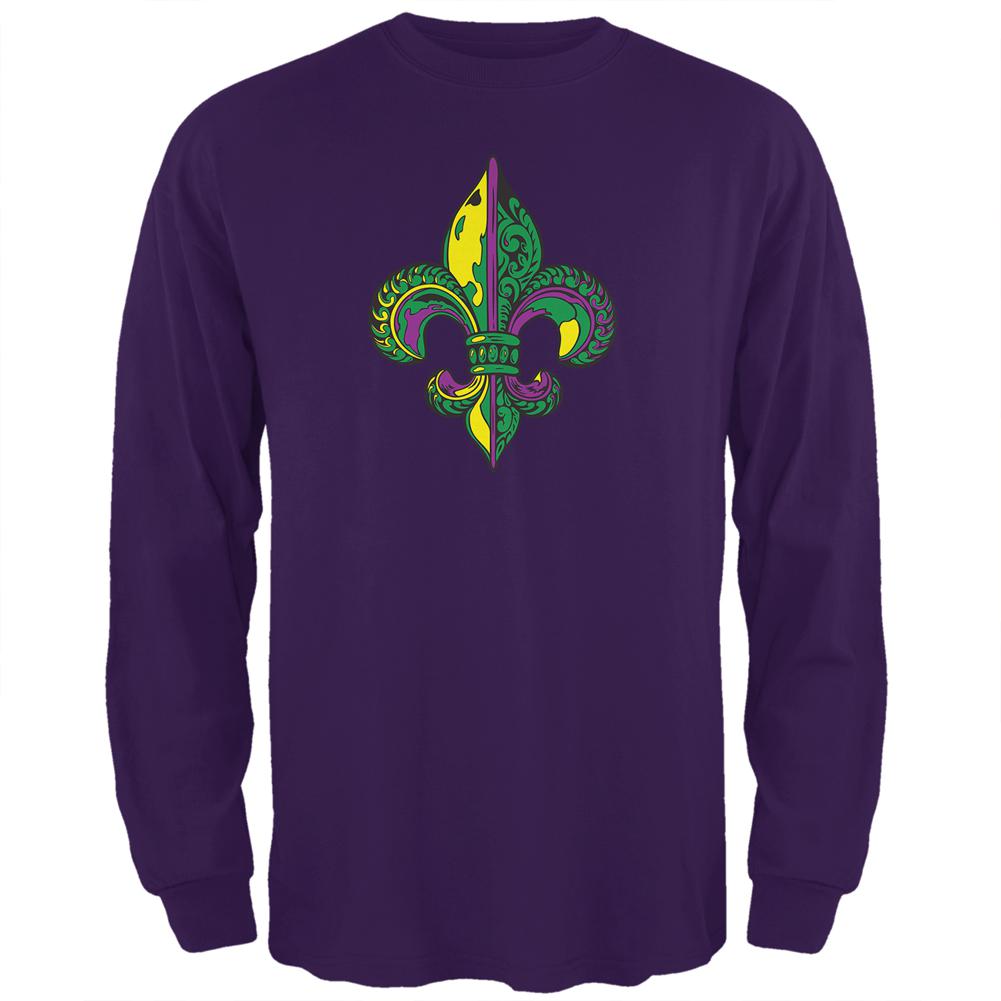 Mardi Gras Ornate Colorful Fleur-de-Lis Mens Long Sleeve T Shirt Men's Long Sleeves Old Glory 2XL Purple 