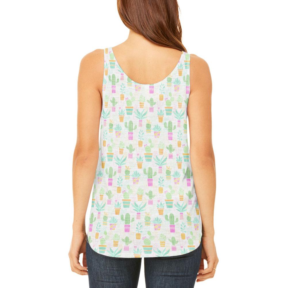 Watercolor Retro Cactus Bold Pastel Pattern Repeat Juniors Flowy Side Slit Tank Top Juniors Tank Tops Old Glory   