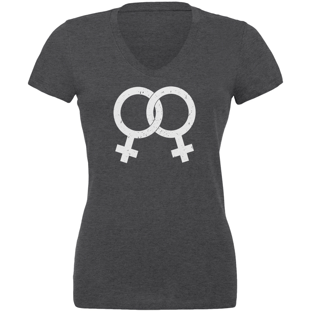 Lesbian Pride Distressed Symbol Juniors V-Neck T Shirt Juniors T-Shirts LGBT 2XL Dark Heather 