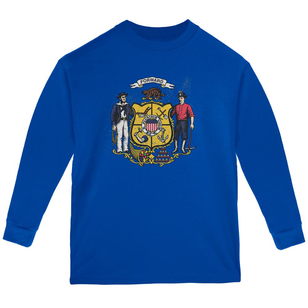 Born and Raised Wisconsin State Flag Youth Long Sleeve T Shirt Youth Long Sleeves Old Glory LG Blue 