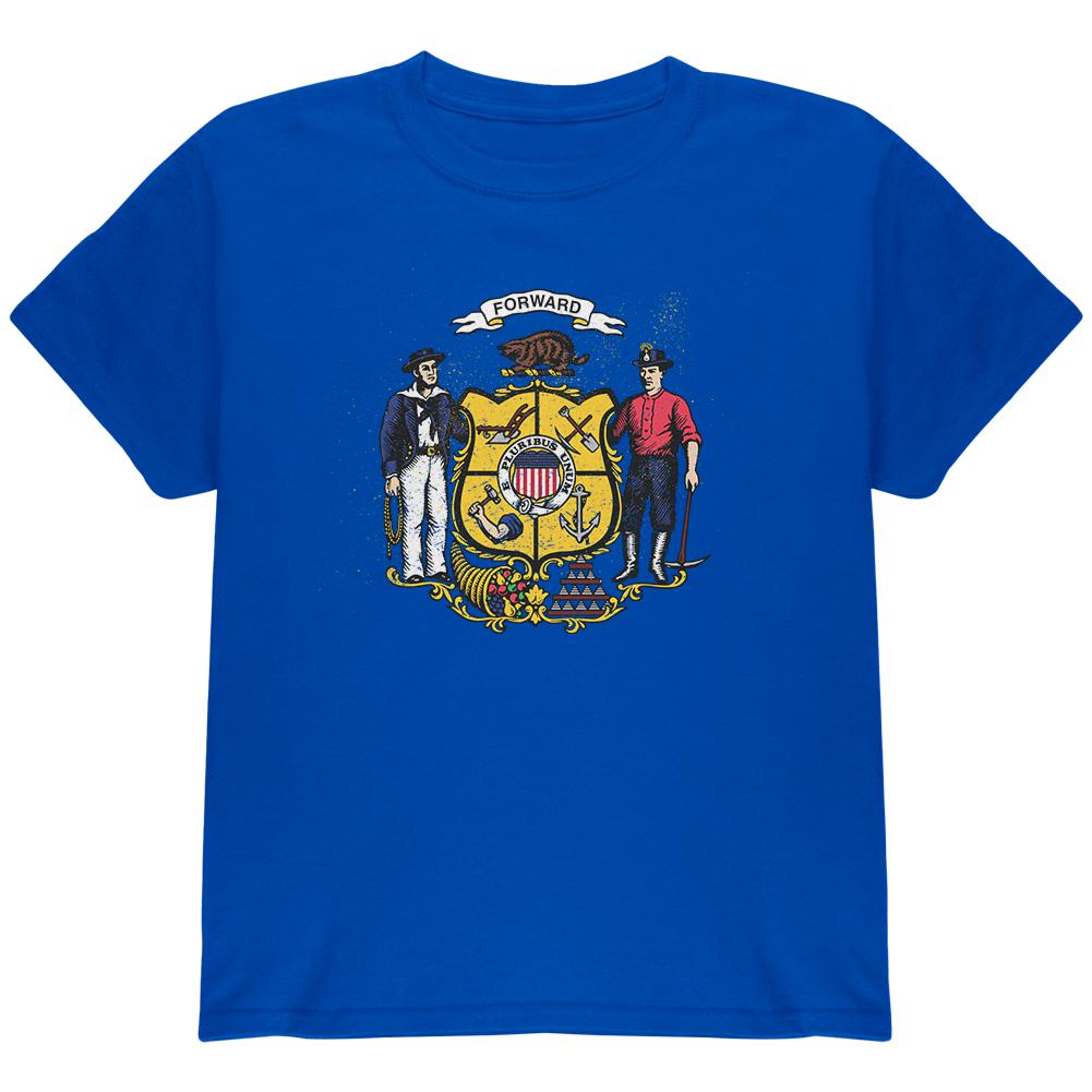 Born and Raised Wisconsin State Flag Youth T Shirt Youth T-Shirts Old Glory LG Blue 