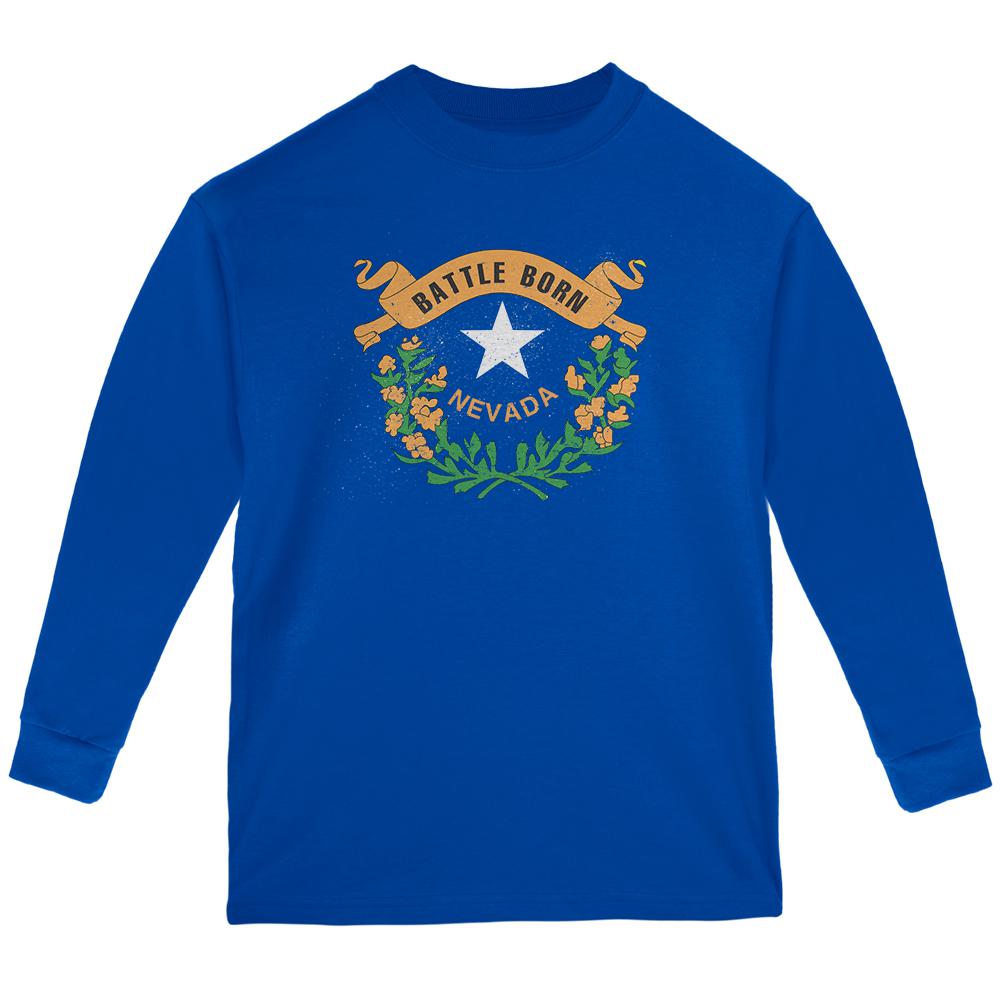 Born and Raised Nevada State Flag Youth Long Sleeve T Shirt Youth Long Sleeves Old Glory LG Blue 