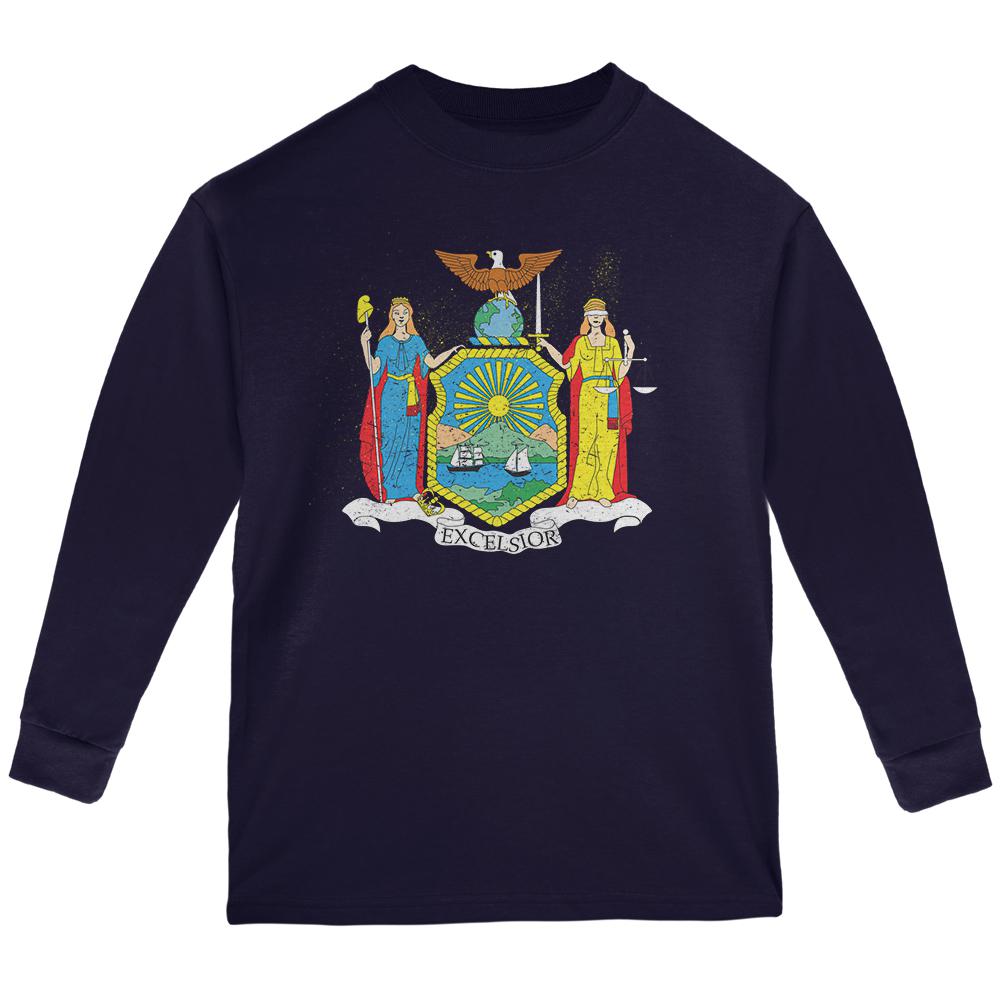 Born and Raised New York State Flag Youth Long Sleeve T Shirt Youth Long Sleeves Old Glory LG Navy 