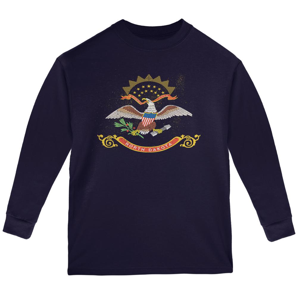 Born and Raised North Dakota State Flag Youth Long Sleeve T Shirt Youth Long Sleeves Old Glory LG Navy 