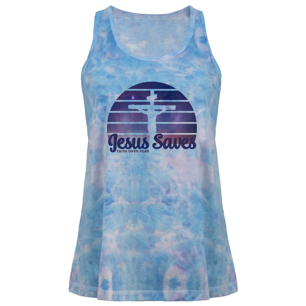 Jesus Saves Faith Over Fear Sun Crucifix Juniors Tie Dye Tank Top Juniors Tank Tops Old Glory LG Multi 