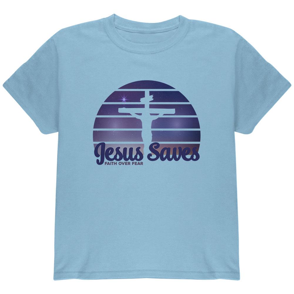 Jesus Saves Faith Over Fear Sun Crucifix Youth T Shirt Youth T-Shirts Old Glory LG Blue 