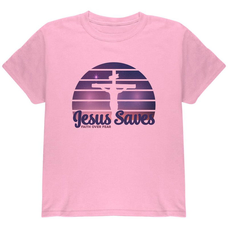 Jesus Saves Faith Over Fear Sun Crucifix Youth T Shirt Youth T-Shirts Old Glory LG Pink 