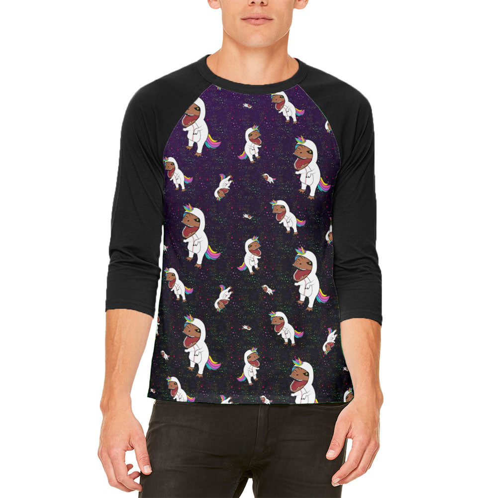 T-Rex Wearing Unicorn Costume Rexicorn Pattern Mens Raglan T Shirt Men's T-Shirts Old Glory LG White 