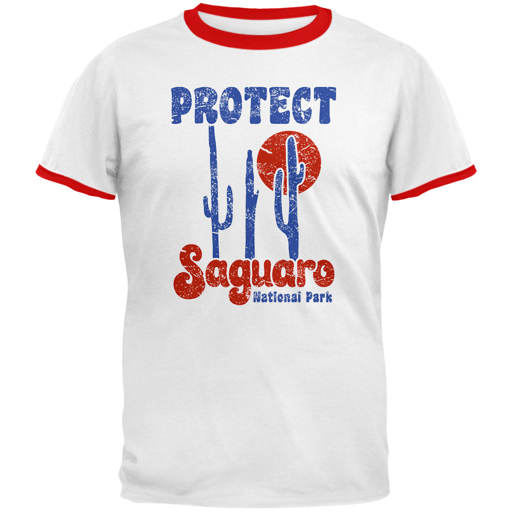 National Park Retro 70s Landscape Protect Saguaro Mens Ringer T Shirt Men's T-Shirts Old Glory LG White-Red 