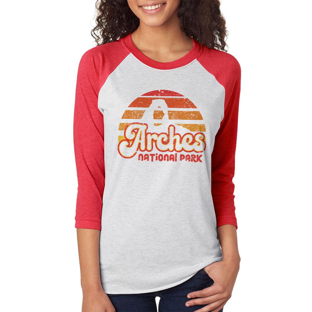 National Park Retro 70s Sunset Arches Unisex Raglan T Shirt Men's T-Shirts Old Glory 2XL White 