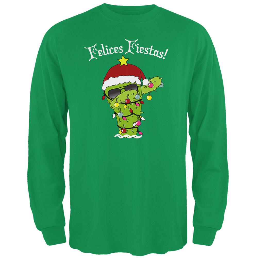 Christmas Dabbing Cactus Felices Fiestas Happy Holidays Mens Long Sleeve T Shirt Men's Long Sleeves Old Glory 2XL Green 