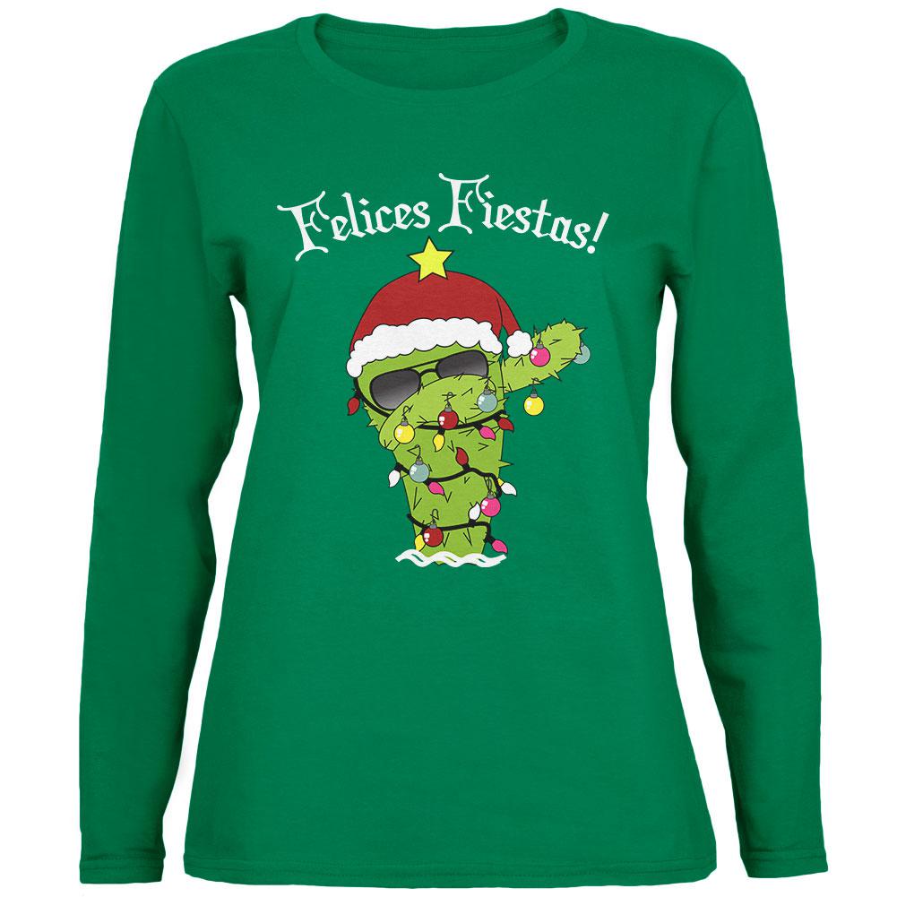 Christmas Dabbing Cactus Felices Fiestas Happy Holidays Womens Long Sleeve T Shirt Women's T-Shirts Old Glory 2XL Green 