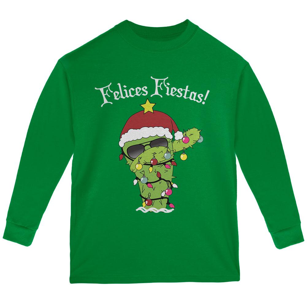 Christmas Dabbing Cactus Felices Fiestas Happy Holidays Youth Long Sleeve T Shirt Youth Long Sleeves Old Glory LG Green 