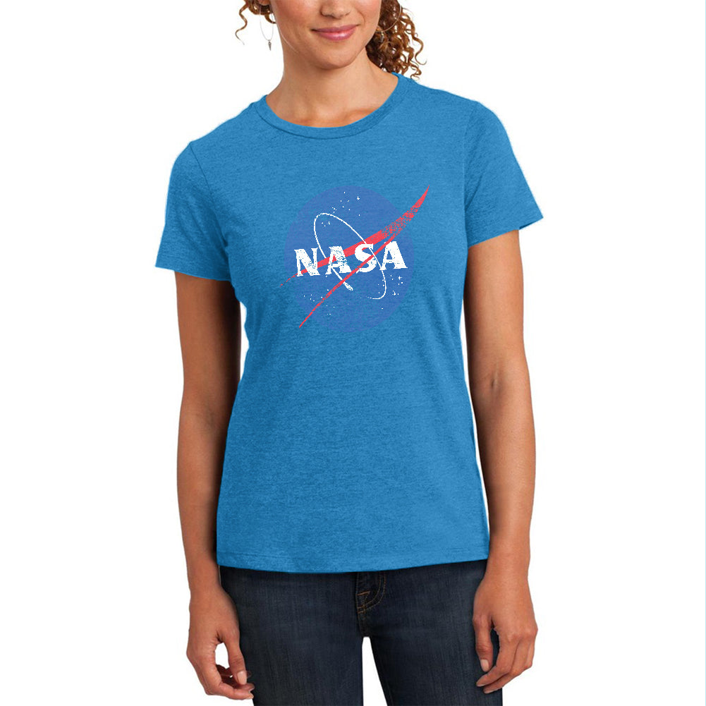 NASA Distressed Logo Womens Soft Heather T Shirt Women's T-Shirts Old Glory MD Heather Bright Turquiose 