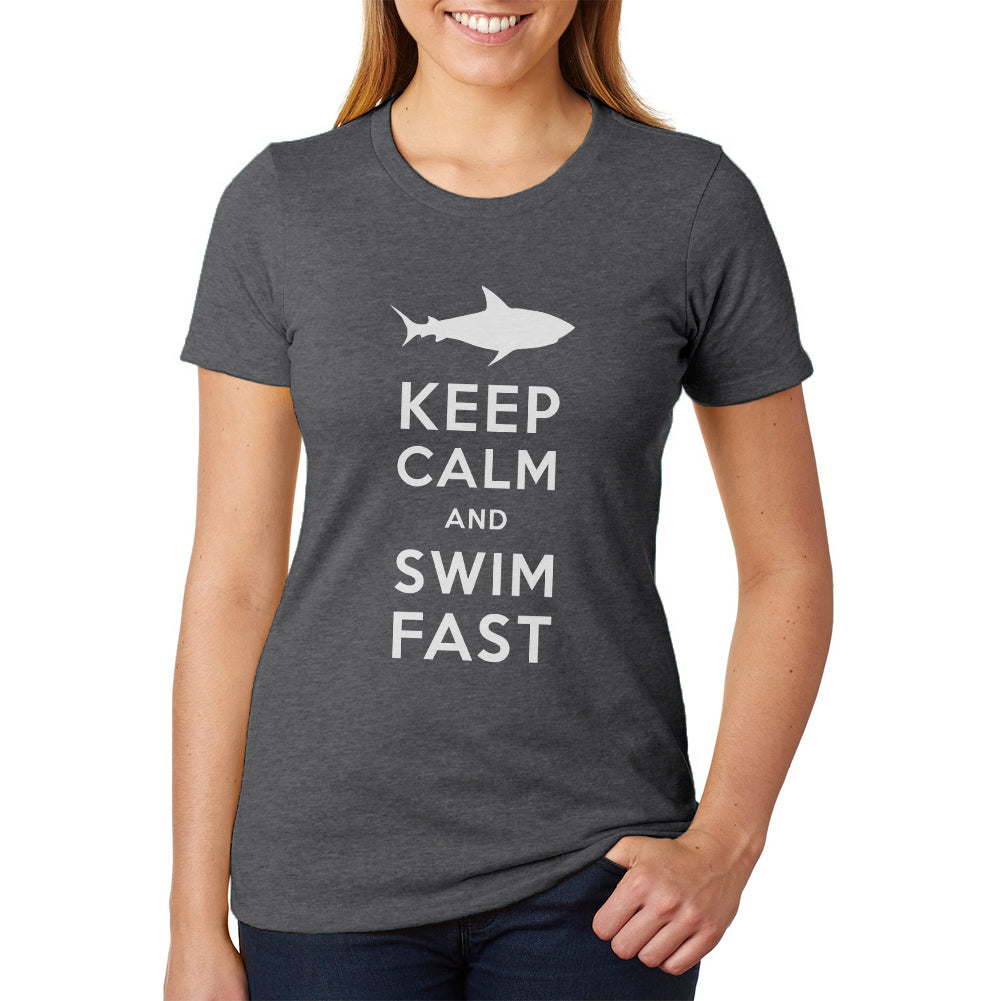 Shark Keep Calm and Swim Fast Womens Soft Heather T Shirt Women's T-Shirts Old Glory 2XL Black 