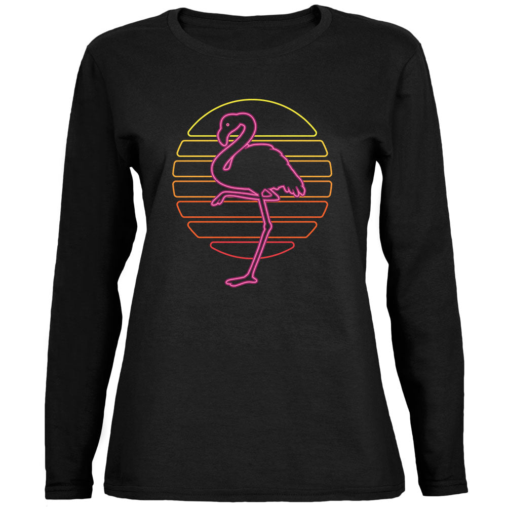 Retro 80s Neon Sign Flamingo Sunset Ladies' Jersey Long-Sleeve Tee Women's Long Sleeves Old Glory 2XL Black 