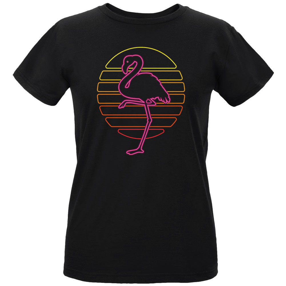 Retro 80s Neon Sign Flamingo Sunset Womens T Shirt Women's T-Shirts Old Glory 2XL Black 